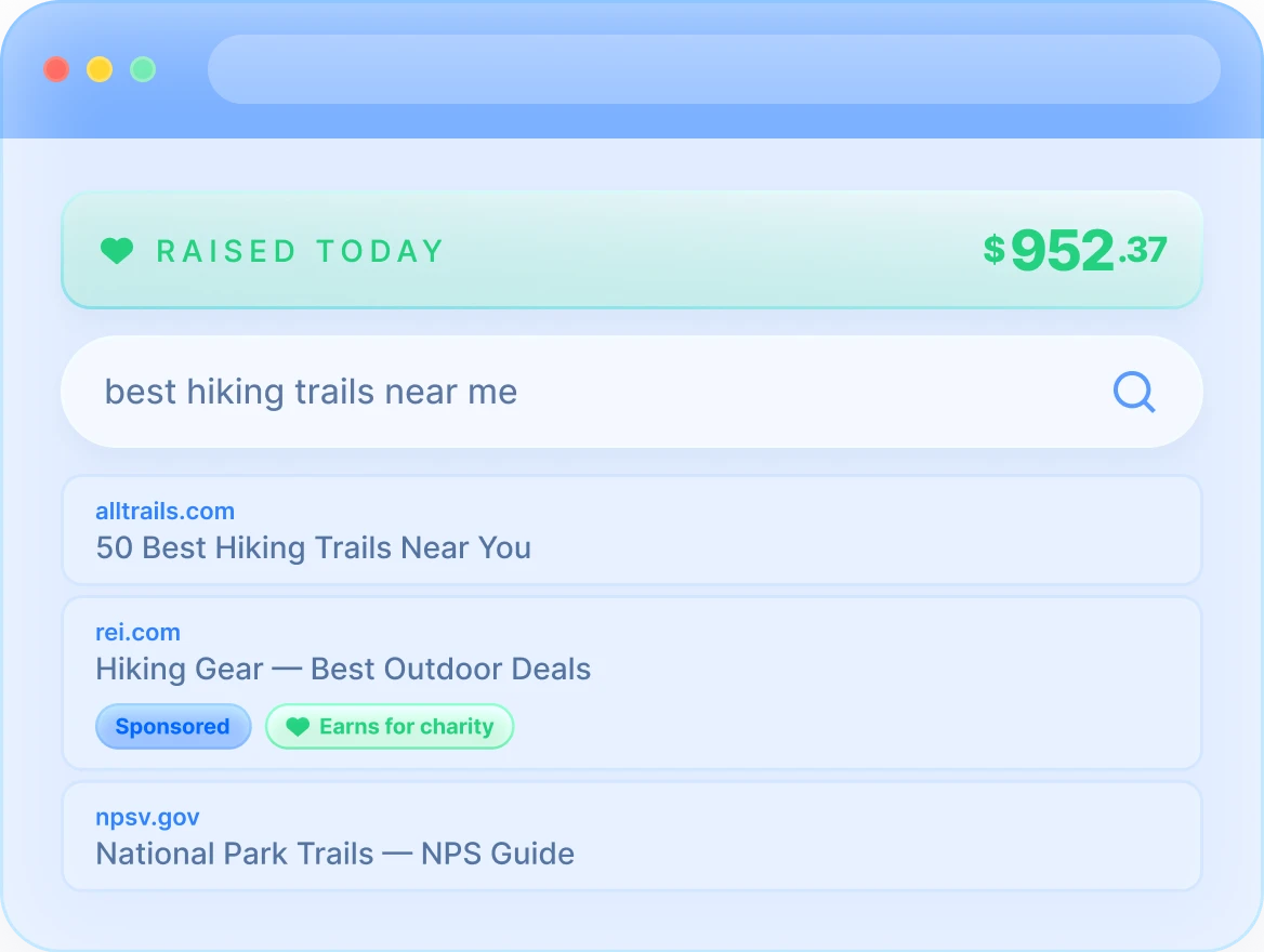 Heart browser showing search results with a charity impact tracker and a sponsored result that earns for charity